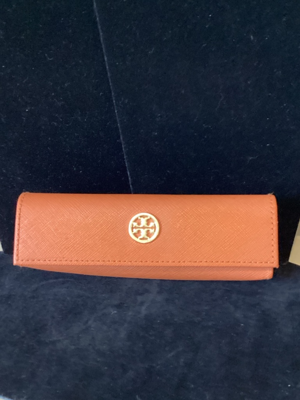 Tory Burch Continental Glasses Case in Burnt Orange with Gold Emblem